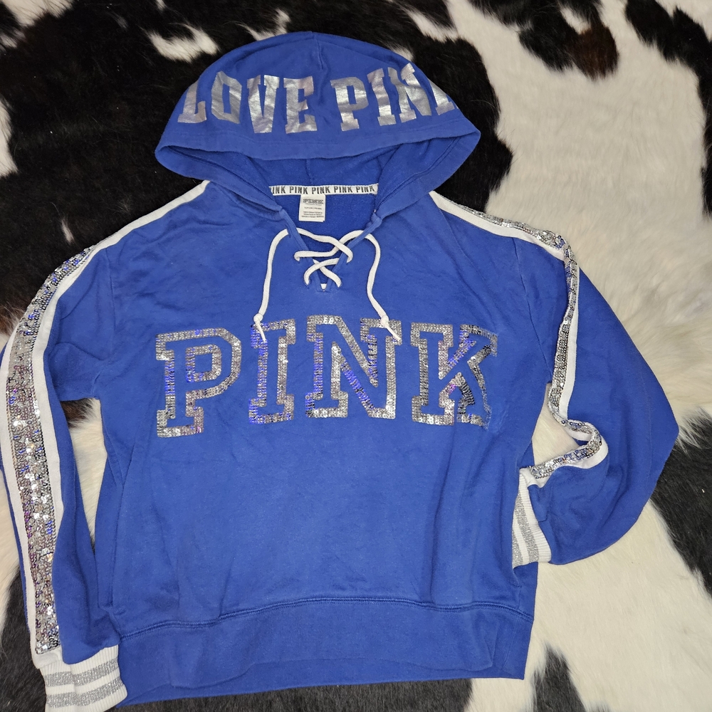 PINK Victoria's Secret Blue Hoodie with Silver Accents - Picture 2 of 5